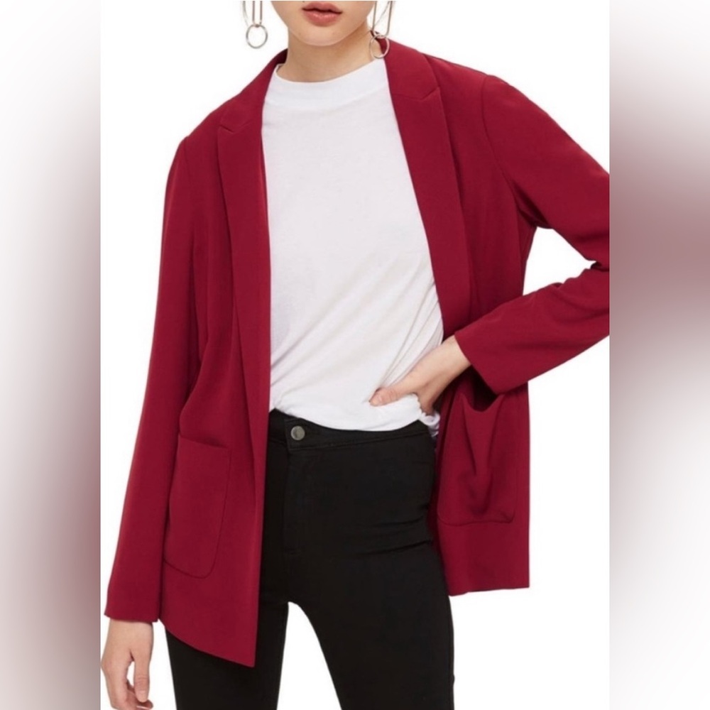 Topshop Womens Open Front Suit Jacket Blazer in Red-Burgundy